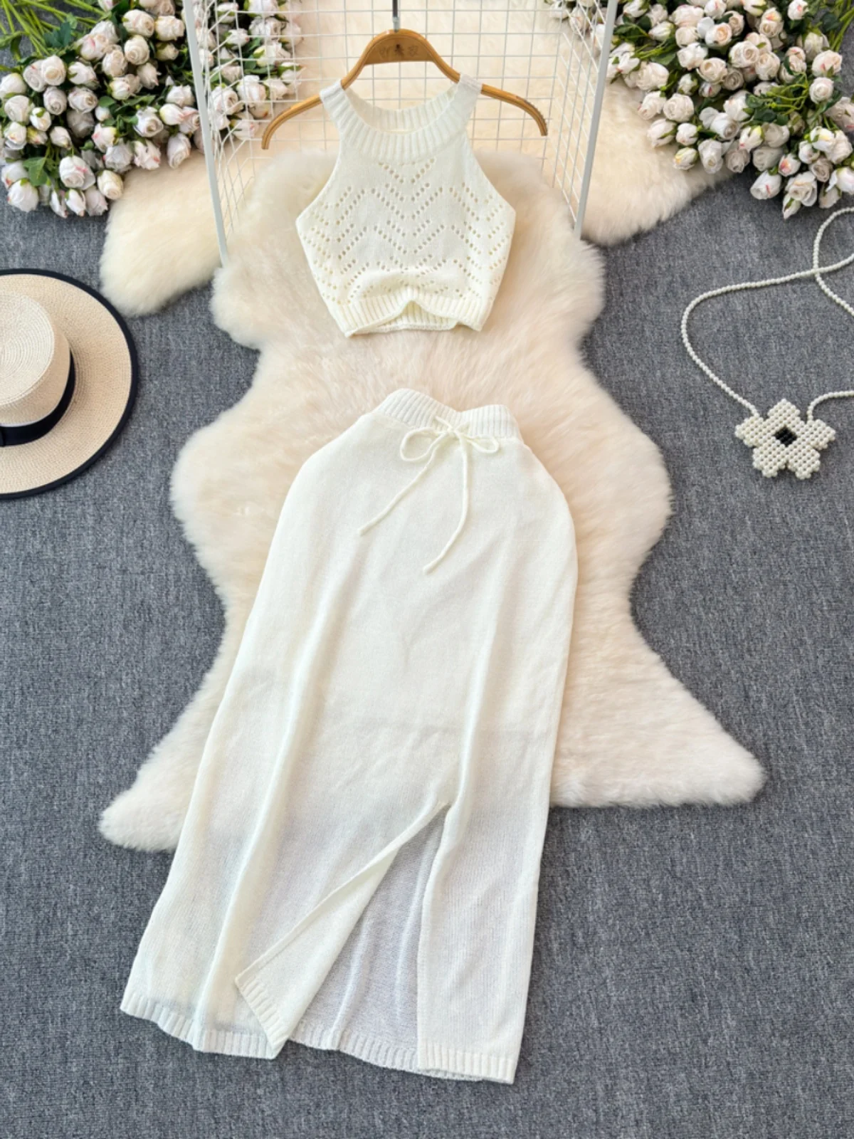 Sexy ort Knitted f-length Split Skirt And Tube Top Two-piece Set for Young Women Trendy Ensemble Hollow out Design