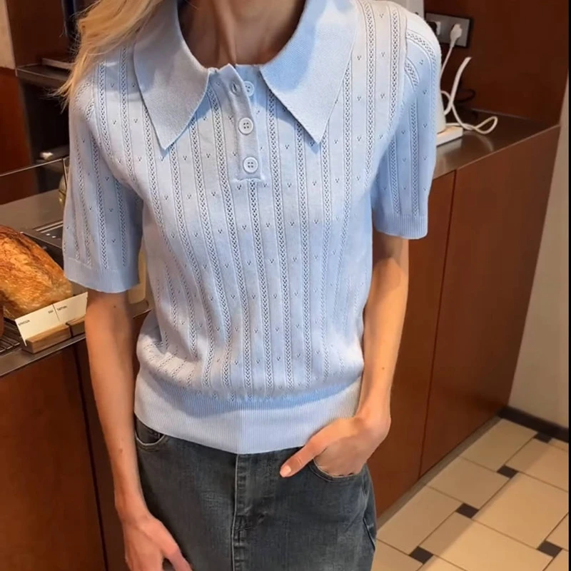 Lady Short Sleeve Turn Down Collar Pullovers Knitwear Office Casual Solid Color Cutout T-shirt Women Vintage Knitted Crop Tops
