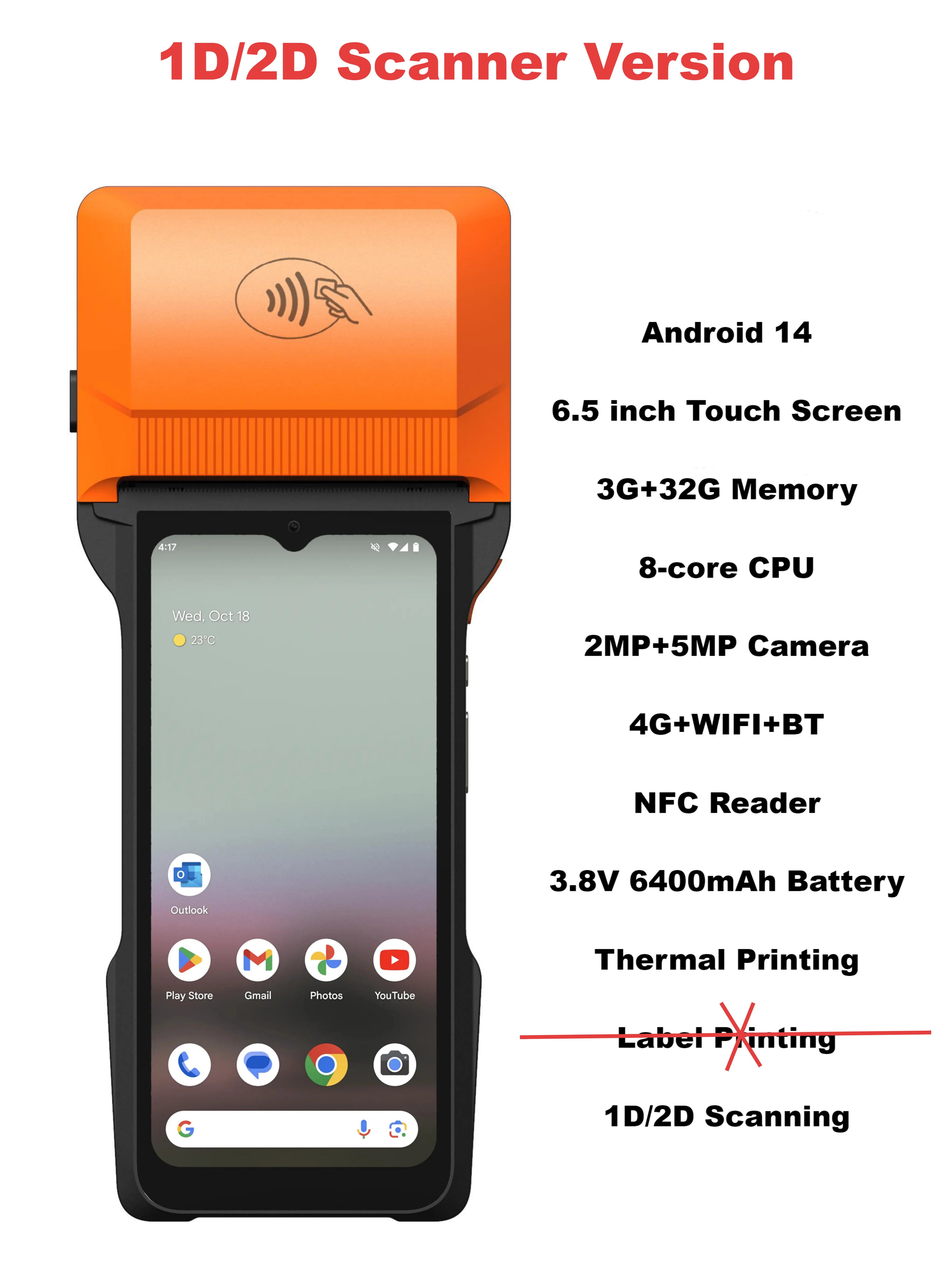Pos Terminal Android - 6.5インチAndroid 14モバイルPOS端末 3G+32G 25-80mmラベルサーマルプリンター 2Dスキャナー Loyverse
