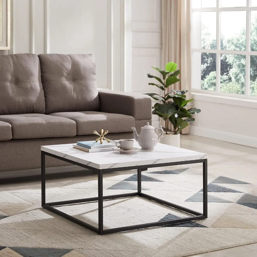Nowoczesny industrialny stolik kawowy z marmurowym akcentem, rozmiar 30x30, gruba biała marmurowa blacha do salonu