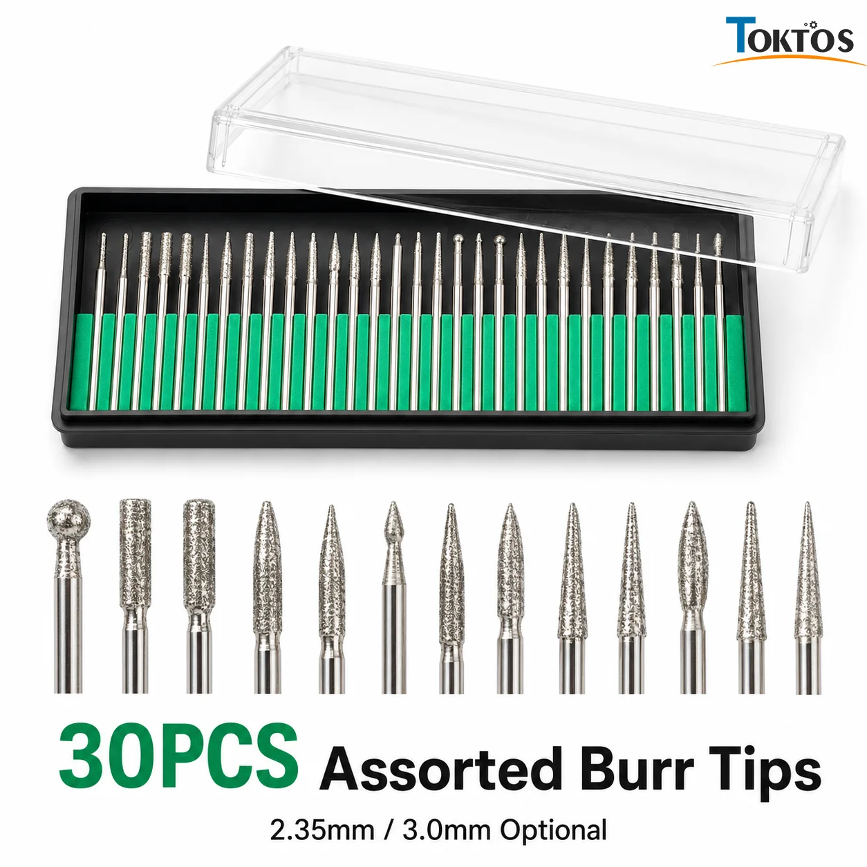 TOKTOS 30PCS Diamond Burr Set 2.35mm 3.0mm Shank Rotary Grinding Bits for Jewelry Engraving Carving Polishing Tool