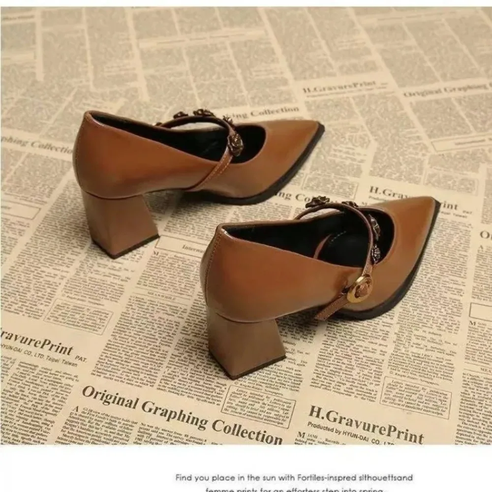 High Heels Autumn New Pointed Toe Shallow Mouth Metallic Flower Slip Strap Anti-slip Wear-resistant Block Heel Single Shoes