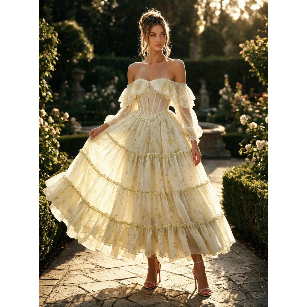 Yellow Floral Layered Ruffle Princess Dress with Puff Sleeve Corset WT268015