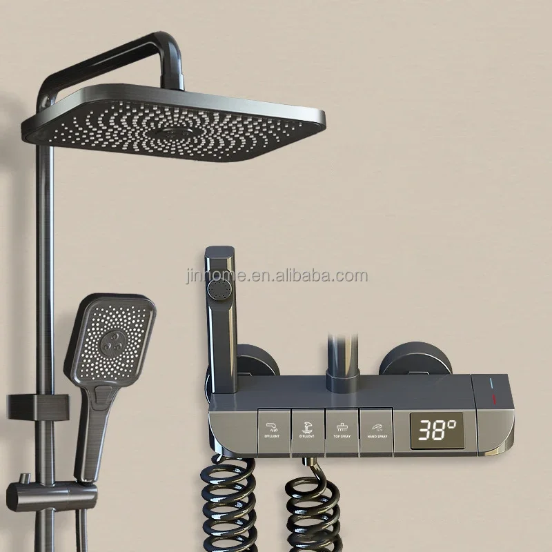 

Black Gun Gray Copper Piano Shower Set 4 Functions Rainfall Shower Head Bathroom Shower System With Temperature