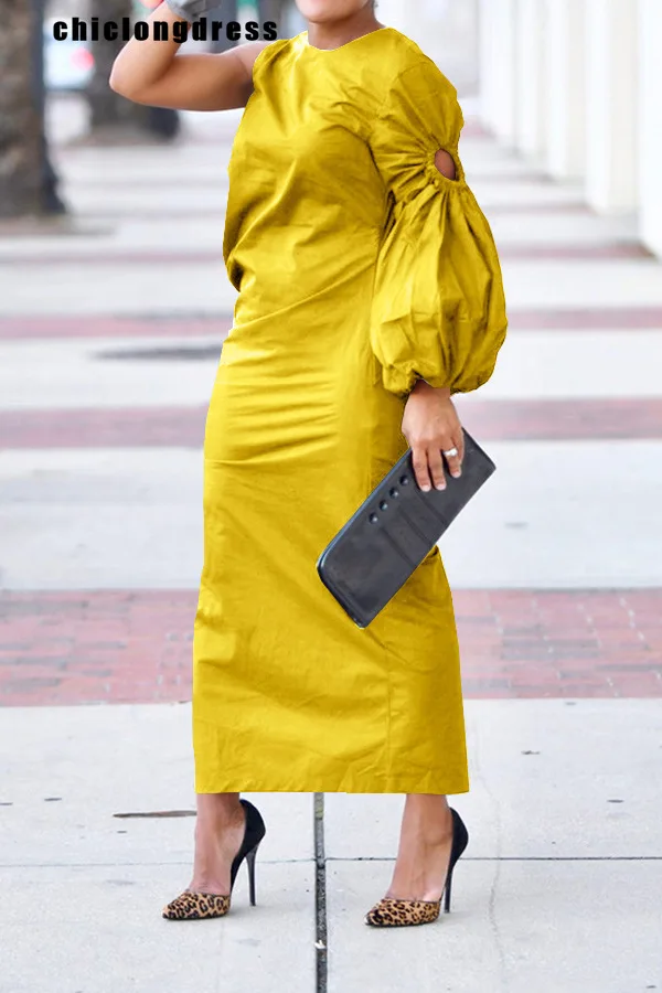 

Autumn Fashion Single Sleeve Solid Dress Women Casual Street Round Neck Lantern Sleeve Split Dress Women