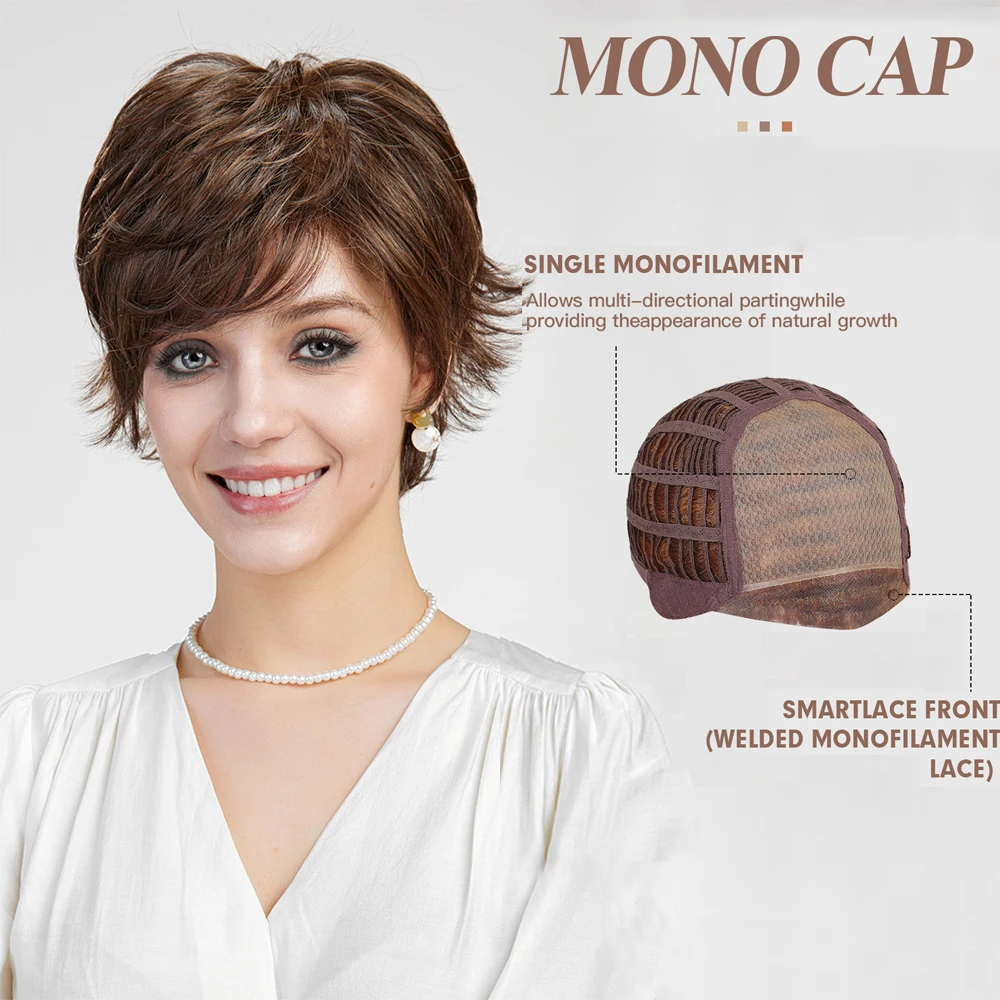 EASIHAIR Short Lace Front Synthetic Wigs Brown Curl Layered Monofilament Wigs with Bangs for Women Heat Resistant Futura Fiber