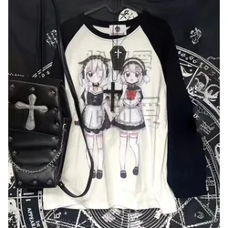 Japanse Subcultuur Zoete Y2k Lange Shirt Anime Print Lange Mouw Top Casual Vrouwen Losse Harajuku Zwart Wit Patchwork Hoodie