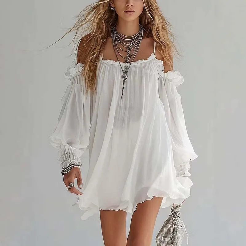 Vestido Mini Blanco con Tirantes y Hombros Descubiertos, Manga Larga con Volantes, Estilo Holgado y Fluido, Tipo A, para Mujer, Estilo Boho, para la Playa, Fiestas o Uso Casual