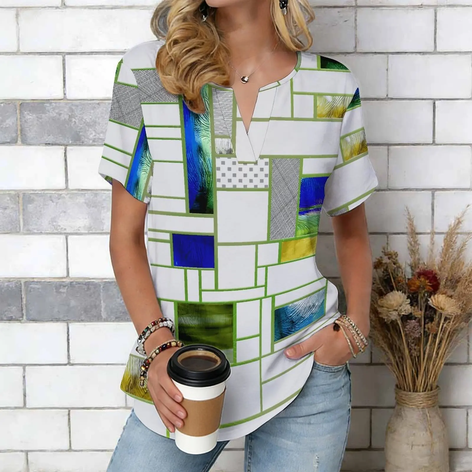 Women Print Notched V Neck Short Sleeve Casual Loose Tunic Tops