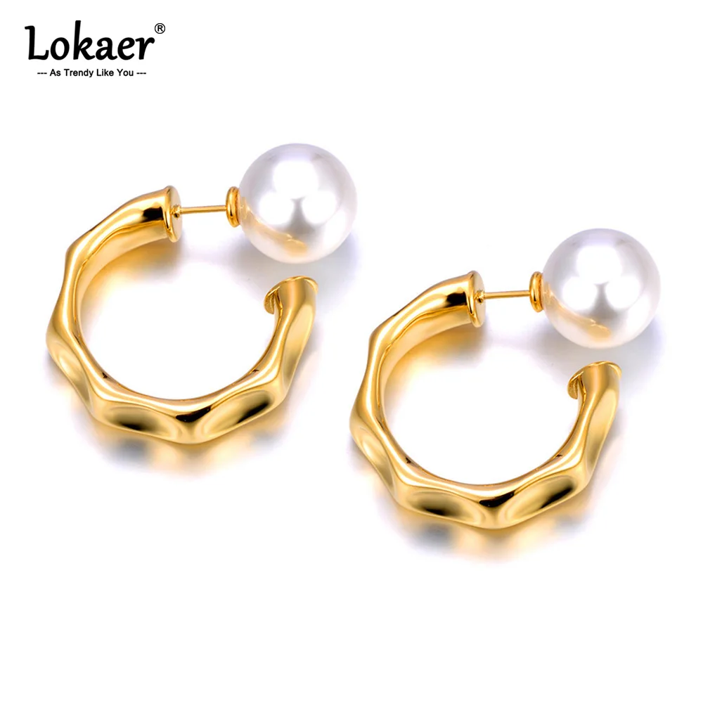 Lokaer Elegant Imitation Pearls Stainless Steel Geometric Round Huggie Hoop Earrings For Women Golden Statement Jewelry E24006