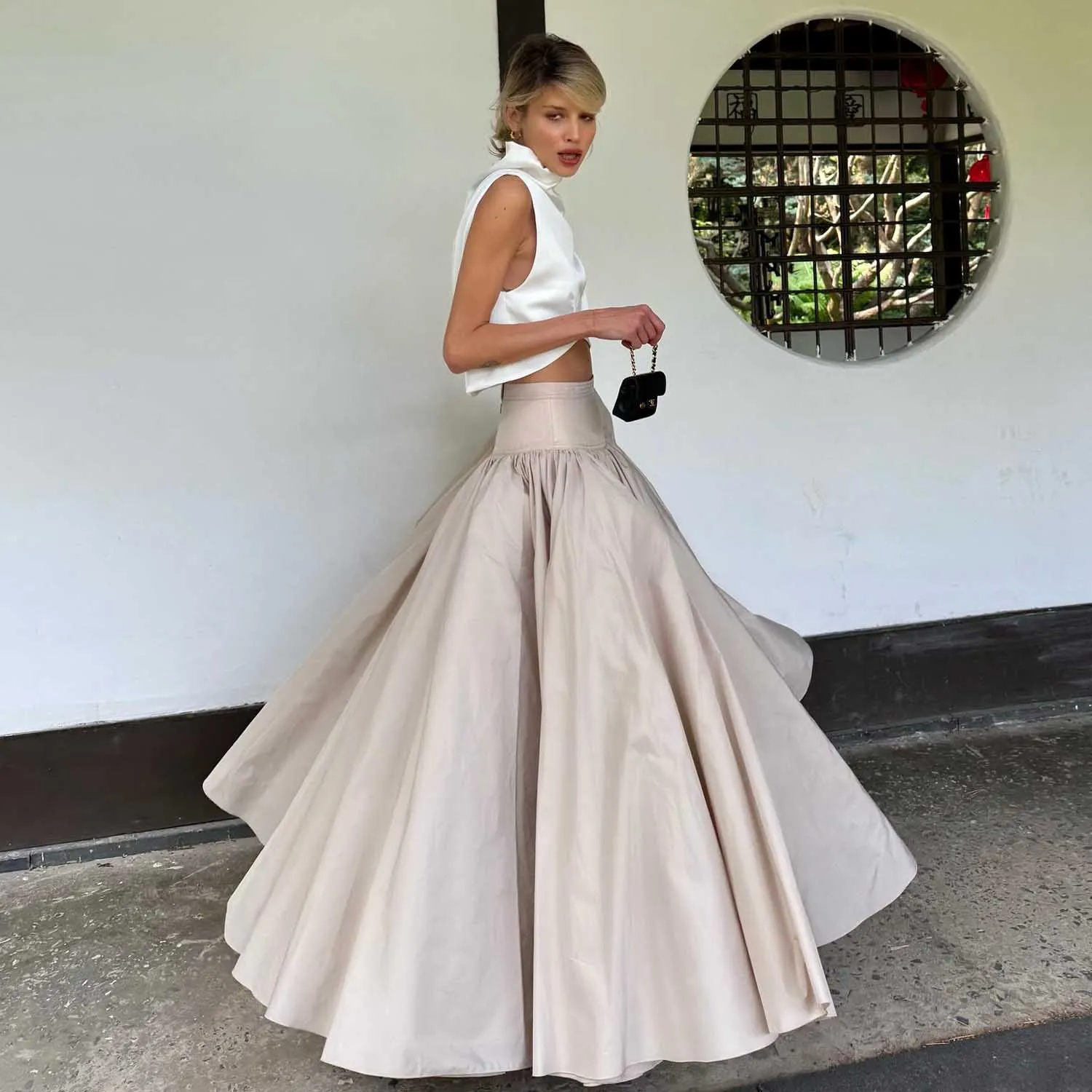 

High Waist Khaki Taffeta Evening Maxi Skirt with Tulle Lining Ruffles Floor Length Women Prom Party Skirts Puffy Evening Gowns