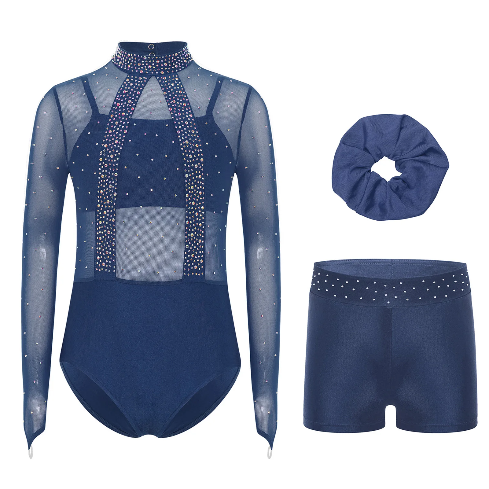 

Kids Girls Gymnastics Lyrical Dance Outfit Shiny Rhinestone Sheer Mesh Bodice Leotard+Spaghetti Straps Camisole Shorts+Hairband