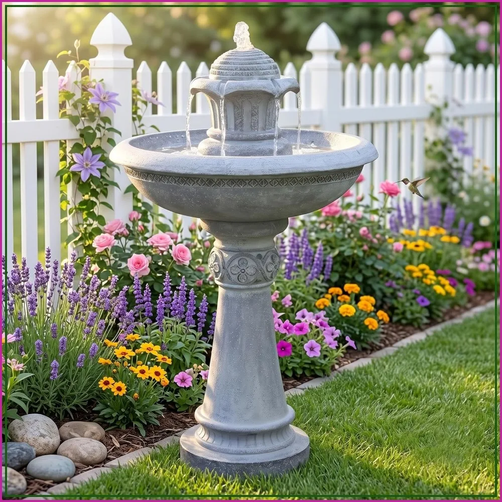 2-Tier Italian Resin Outdoor Fountain LED Lights, Cascading Waterfall, Quiet Pump