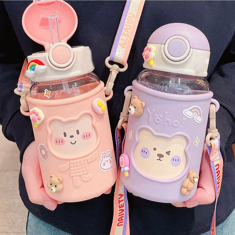 Cute Straw Water Cup Children Female Students With Stickers Capacity Plastic Large High Cups Looks With K8N2