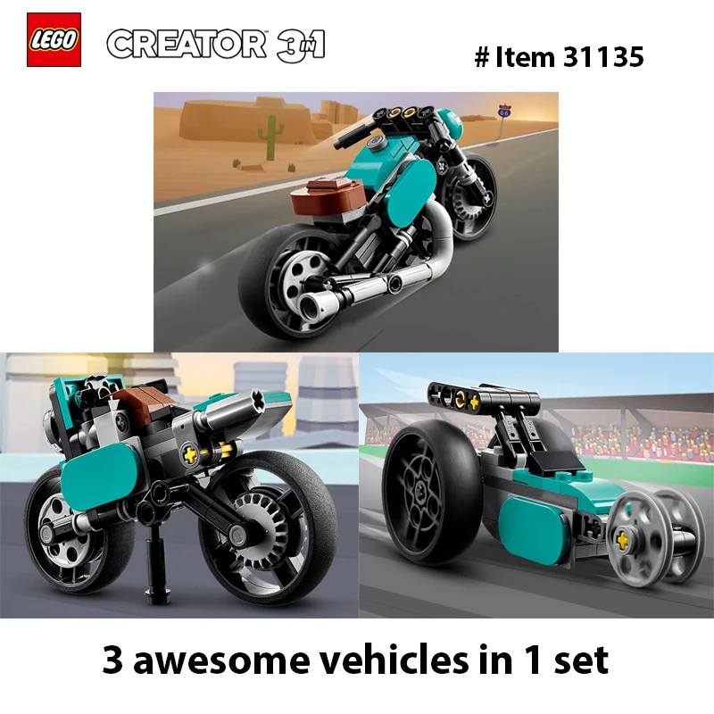 LEGO 31135 Creator 3 in 1 Vintage Motorcycle Set, Vehicle Building Toys, Great Gift for Boys, Girls, and Kids 8 Years Old and Up