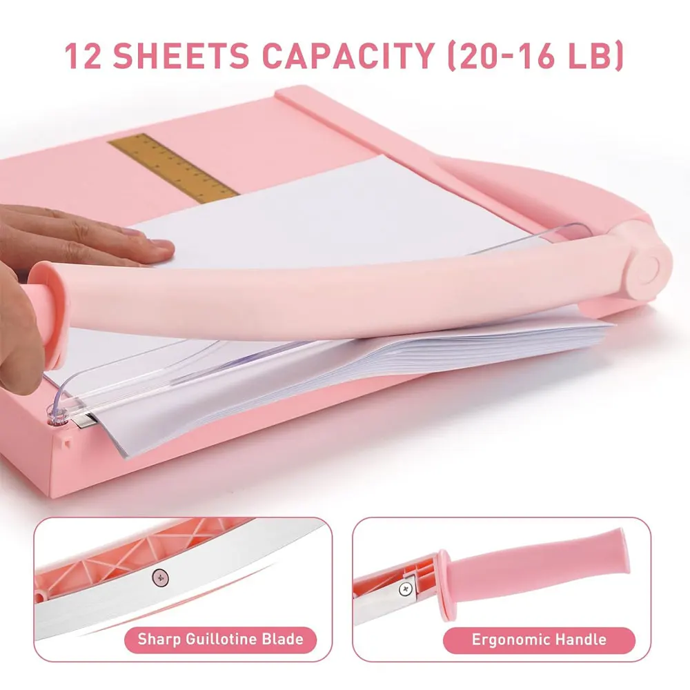 Paper cutter, paper cutter with safety guard, 12-inch cutting length, 16-sheet capacity paper cutter, guillotine paper cutter.