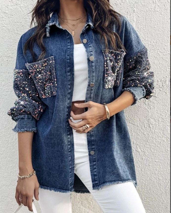 Turn-down Collar Contrast Sequin Long Sleeve Fringe Hem Denim Jacket Casual Coat