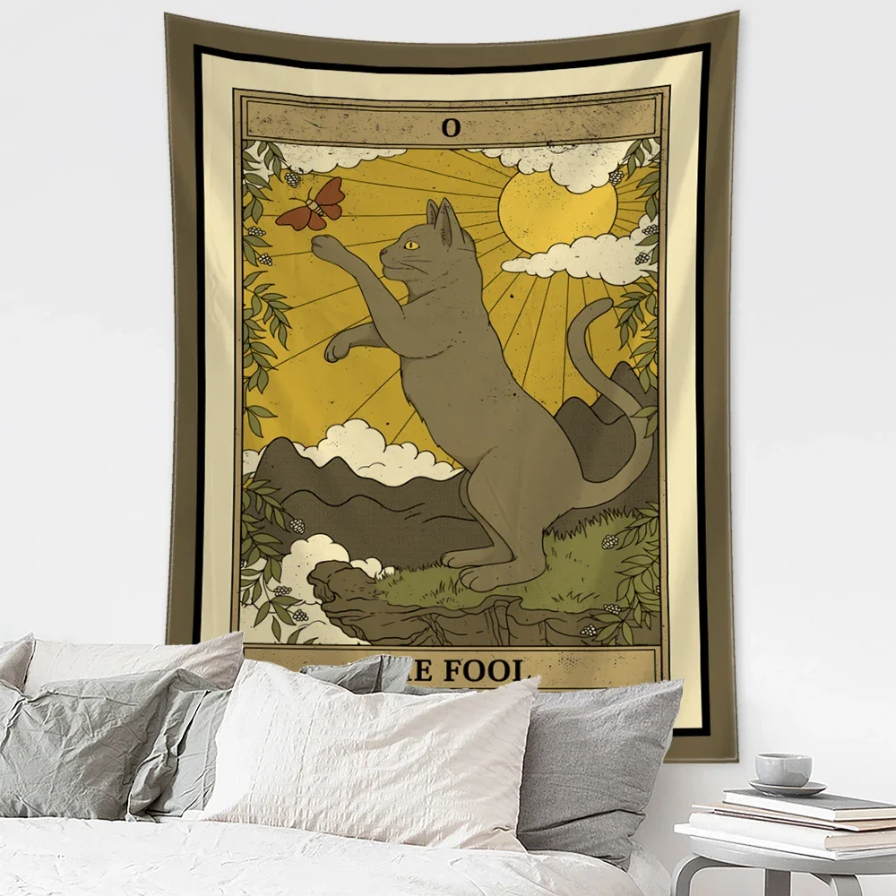 Cartoon Cat Tarot Tapestry Wall Hanging Mysterious Psychedelic Witchcraft Tapiz Hippie Kawaii Home Decor