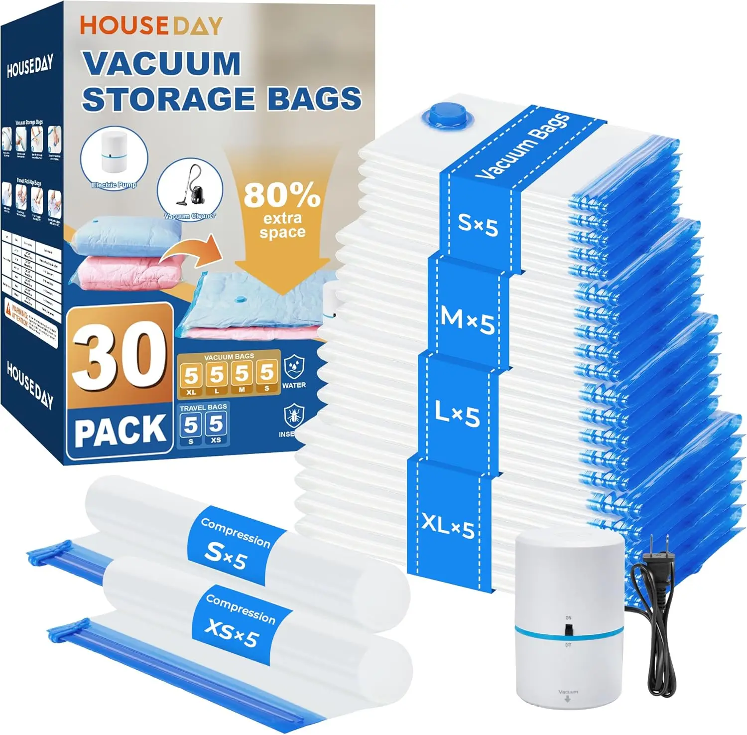 

30 Pack Vacuum Storage Bags with Electric Pump 4 Sizes Roll Up Space Saver for Clothes Bedding Travel Reusable