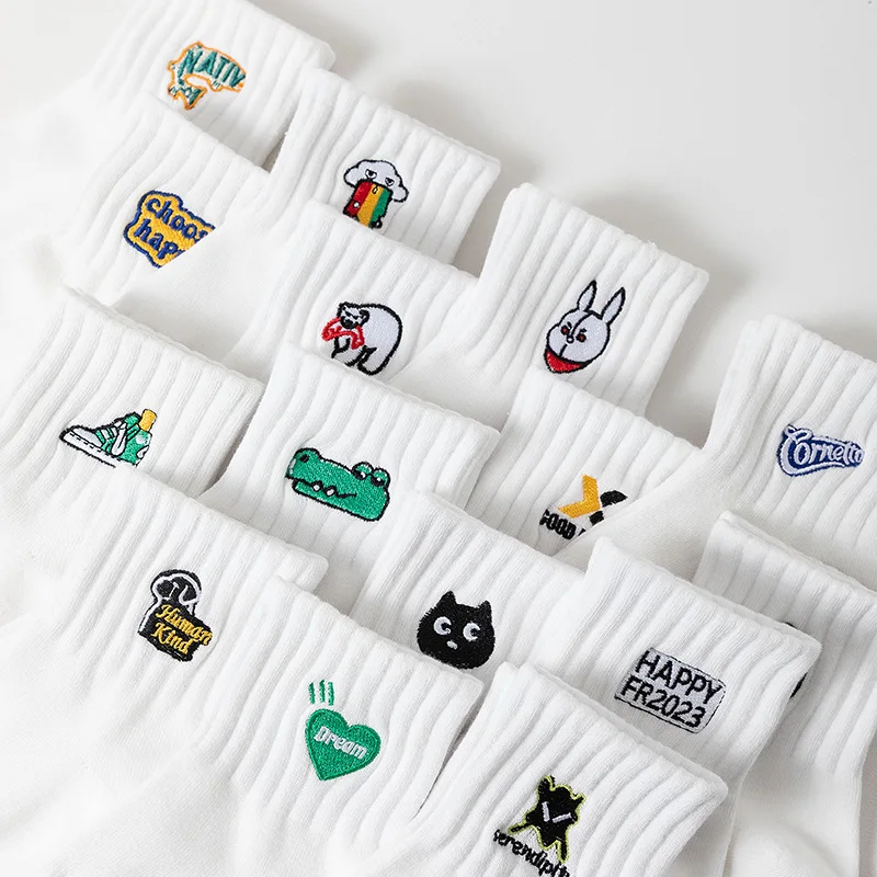 Men Cotton Short Socks Male Embroidery Aartoon Animals Daily Ankle Sock Spring Summer Harajuku Unisex Women Casual Couple Socks