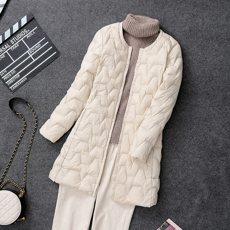 Autumn Winter Warm Ultra Light White Duck Down Coat Women Midi Long Big Size Parkas Ladies Single Breasted Slim Puffer Jacket