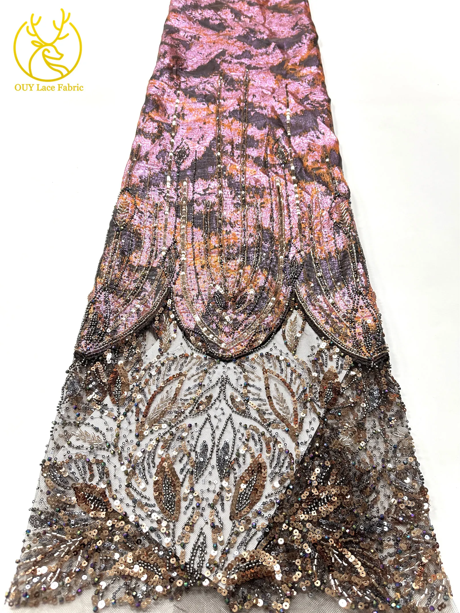 2026 Luxuriöser afrikanischer Chiffon-Spitzenstoff mit schweren Perlen, lila nigerianischer Pailletten-Spitzenstoff, geeignet für Damen-Partykleider – Detail 22