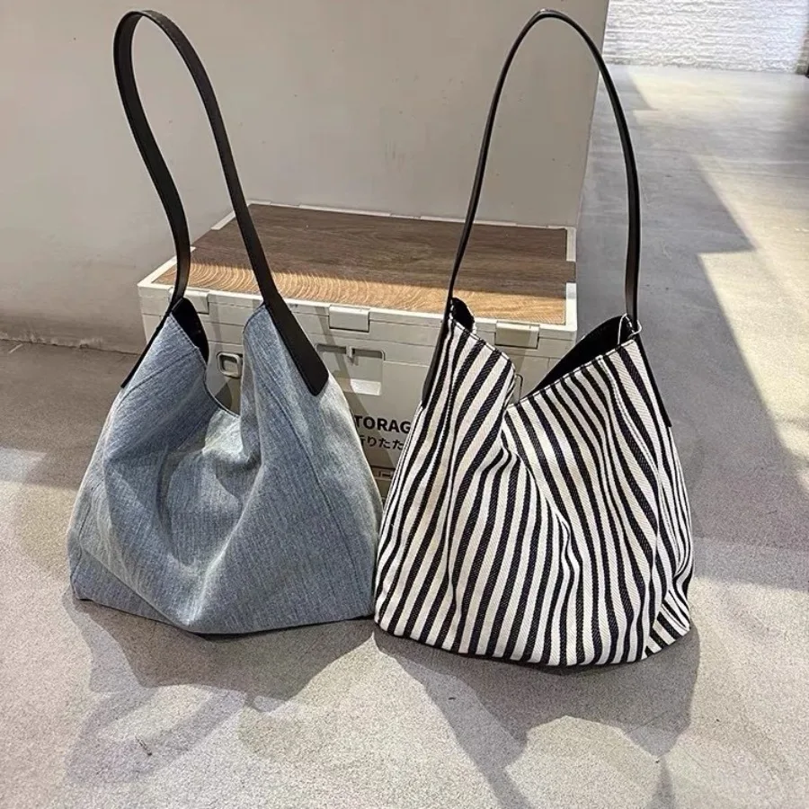 

【New style】Sheepskin striped canvas bag women's new genuine leather large-capacity tote bag casual windbreaker shoulder armpit