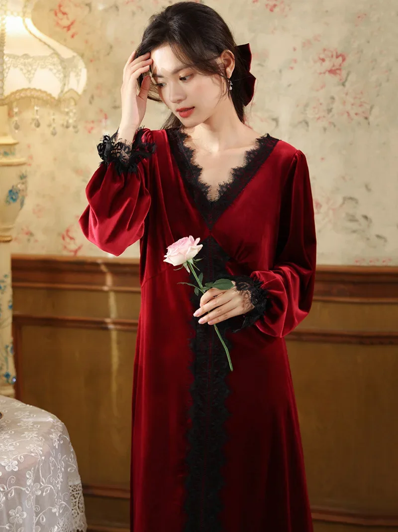 Women Victorian Velvet Romantic Nightgown Retro V-Neck Lace Night Dress Vintage Princess Sleepwear Robe Peignoir Sleepwear