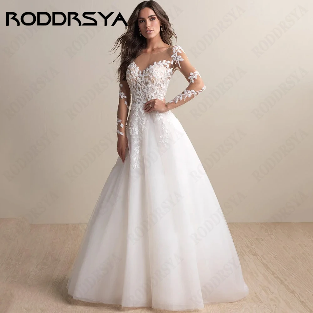 RODDRSY gaun pernikahan elegan untuk wanita lengan panjang sendok gaun pengantin ilusi gaun pengantin renda Applique Tulle A-Line vestido de noiva