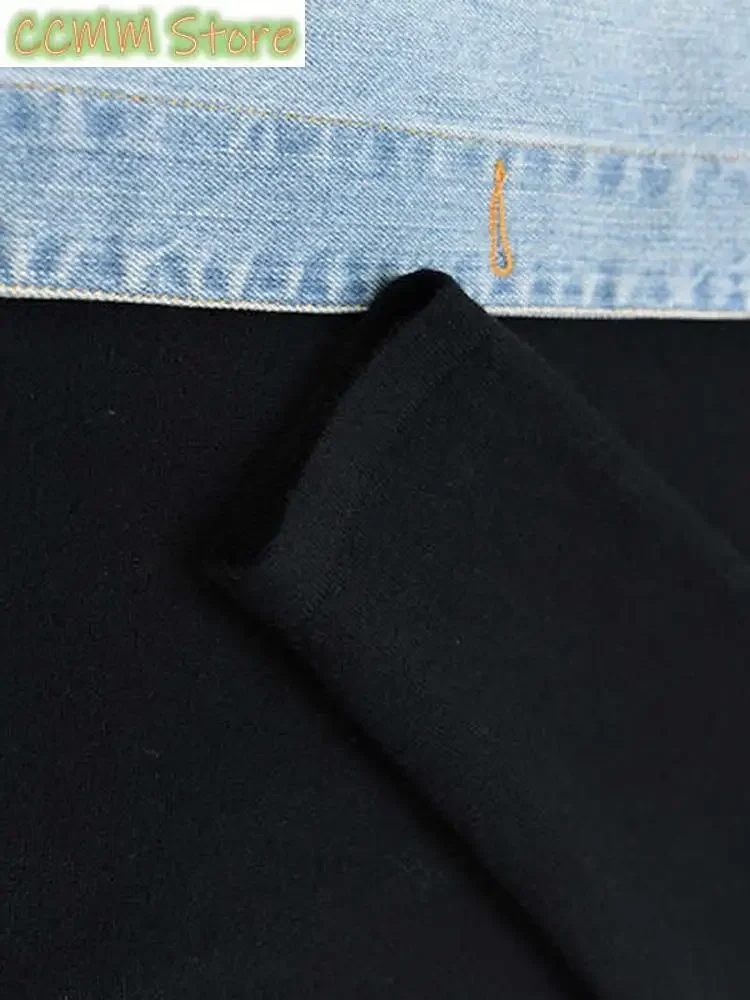 Loose Fit Denim Split Bandage Sweatshirt New Round Neck Long Sleeve Women Big Size Fashion Tide Spring Autumn