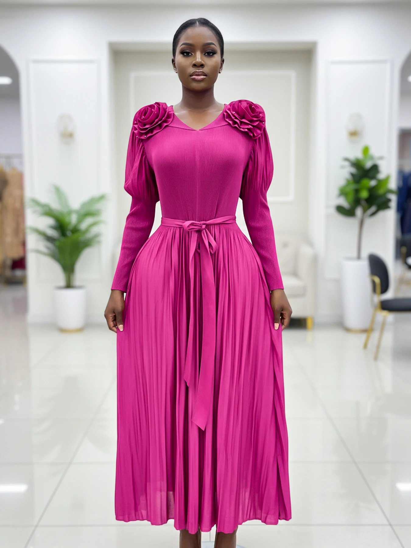 Women Rose red Pleated Dress Elegant Chiffon V-Neck Long Sleeve Belted Maxi Dresses A-Line Wedding Guest Party Outfit Clothing
