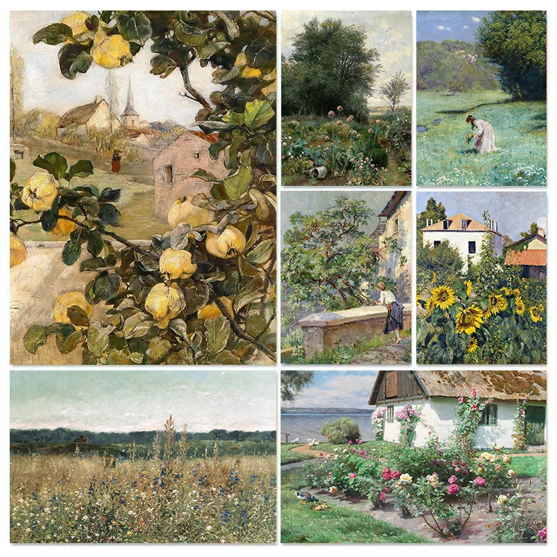 Antique French Country Natural Scenery Wildflower Field Landscape Poster Canvas Painting Wall Art Pictures Home Farmhouse Decor