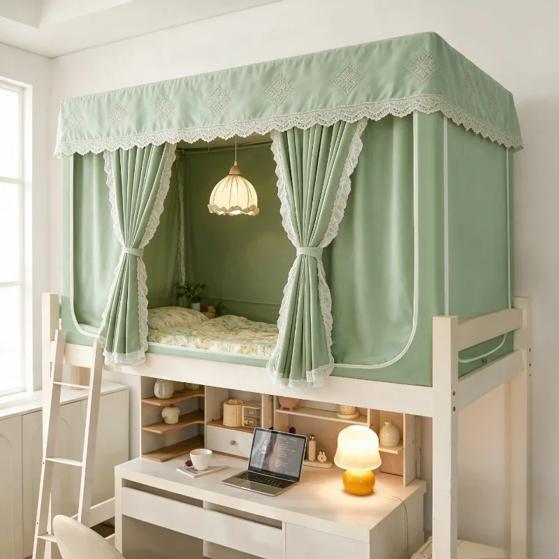 Canopy Bed Curtain for Bunk Beds – Lace Trim, Ruffled Valance, Cozy Dorm Decor, Fits Twin XL, Easy Hang & Remove