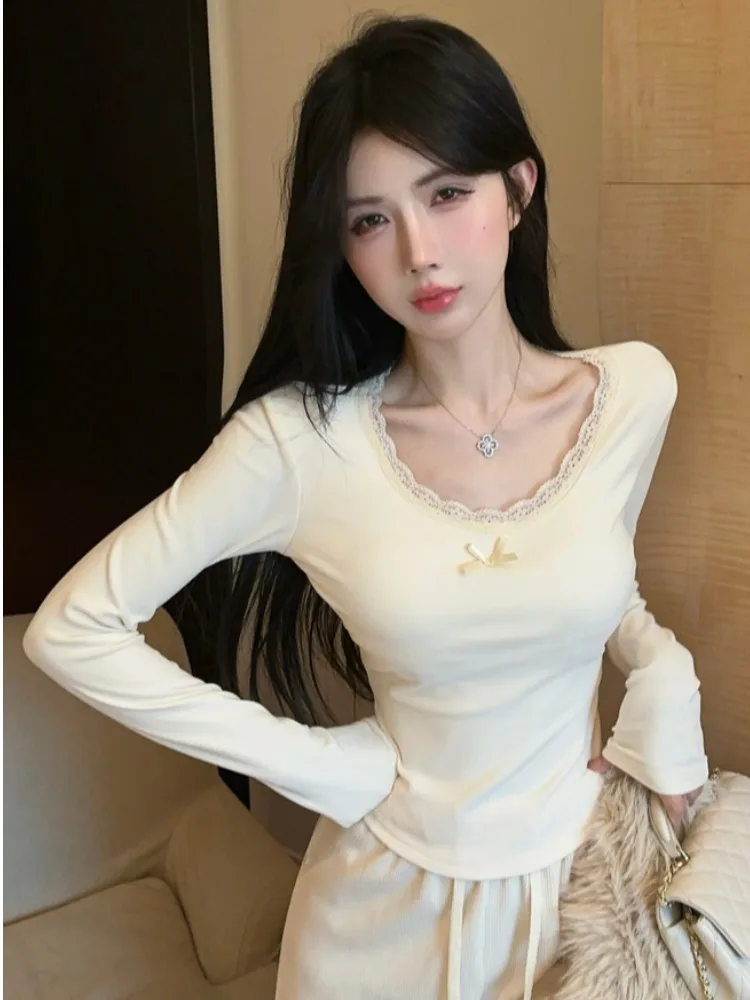

Elegant Lace Splice Long Sleeve Base Shirt Women's Fashionable Inner Wear T-Shirt Trendy Commute Style Pure Color Pear Shape