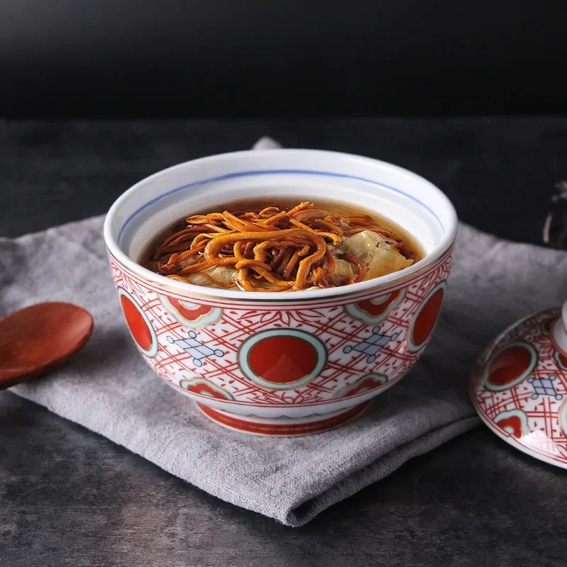 Retro Ceramic Cover Bowl Multifunction Korean Porcelain Rice Bowl Snack Plate Small Stew Pot Bird's Nest Dessert Cup Tableware