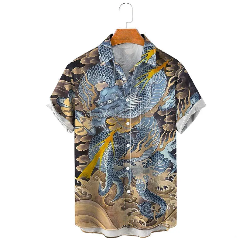 Molilulu Men's Fashion Vintage Clothing Asian Dragon Art Casual Hawaiian Shirt