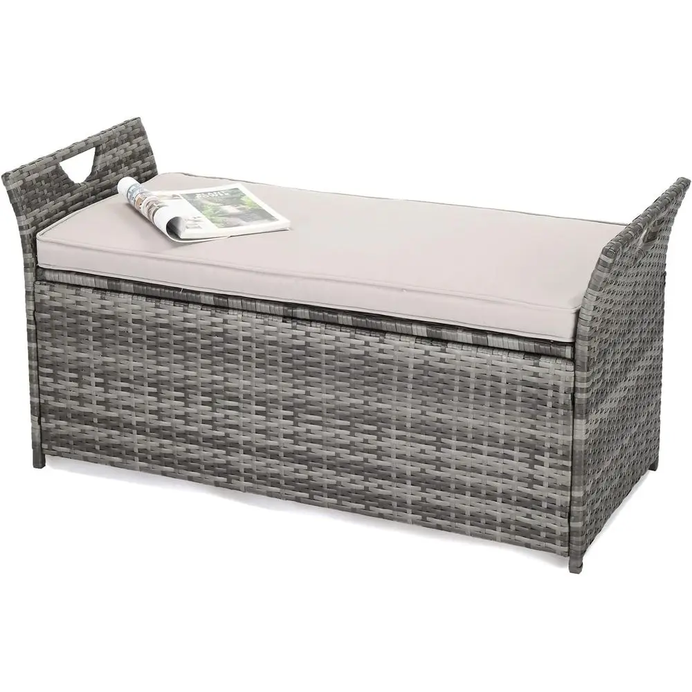 

40 Gallon Outdoor Storage Bench with Cushion, Rattan Storage Box, Patio Wicker Deck Box with Seat or Garden for Balcony, Porch,