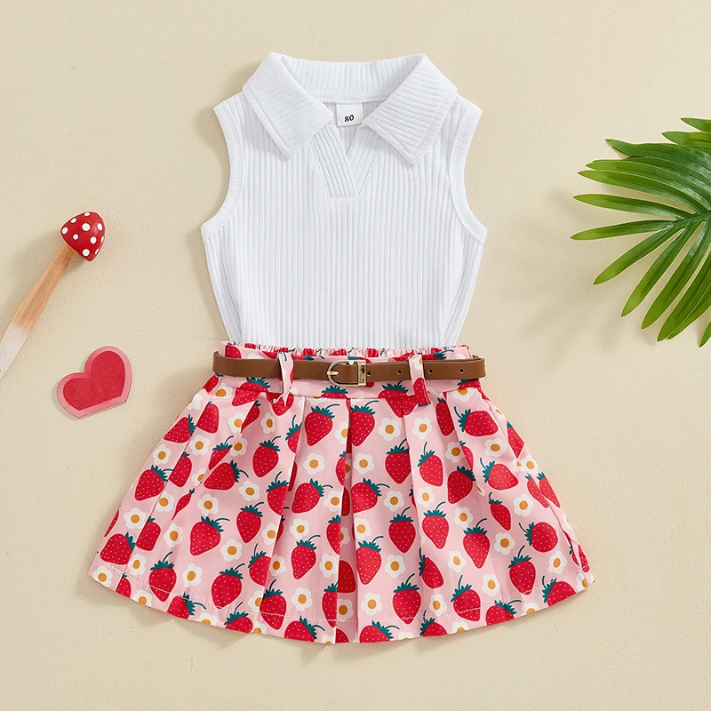 Pudcoco Little Baby Girl Summer Outfit, Lapel Neck Ribbed Tank Tops Strawberry Print Pleated Mini Skirt Belt Toddler Set 6M-4T