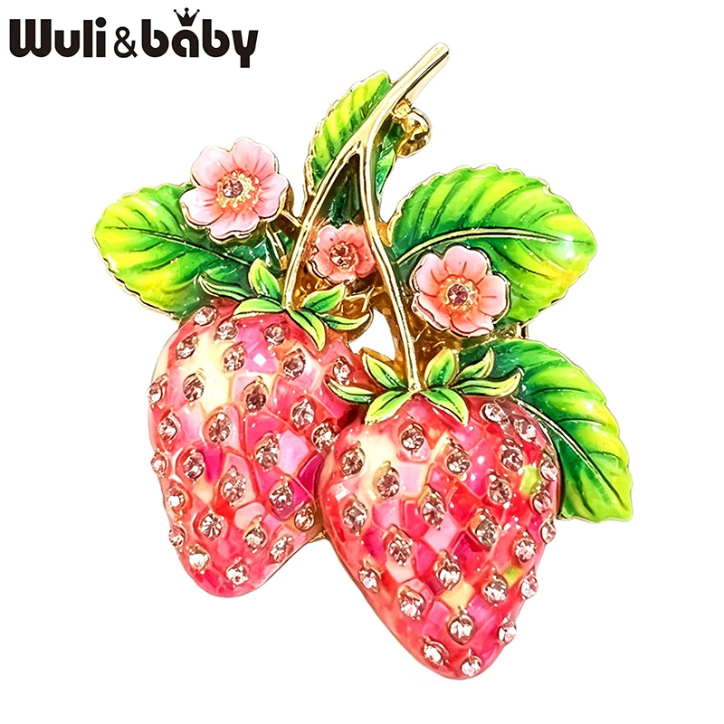 Wuli&baby Beautiful Strawberry Brooches For Women Unisex 4-color Enamel Rhinestone Fruit Plants Flowers Office Brooch Pins Gifts