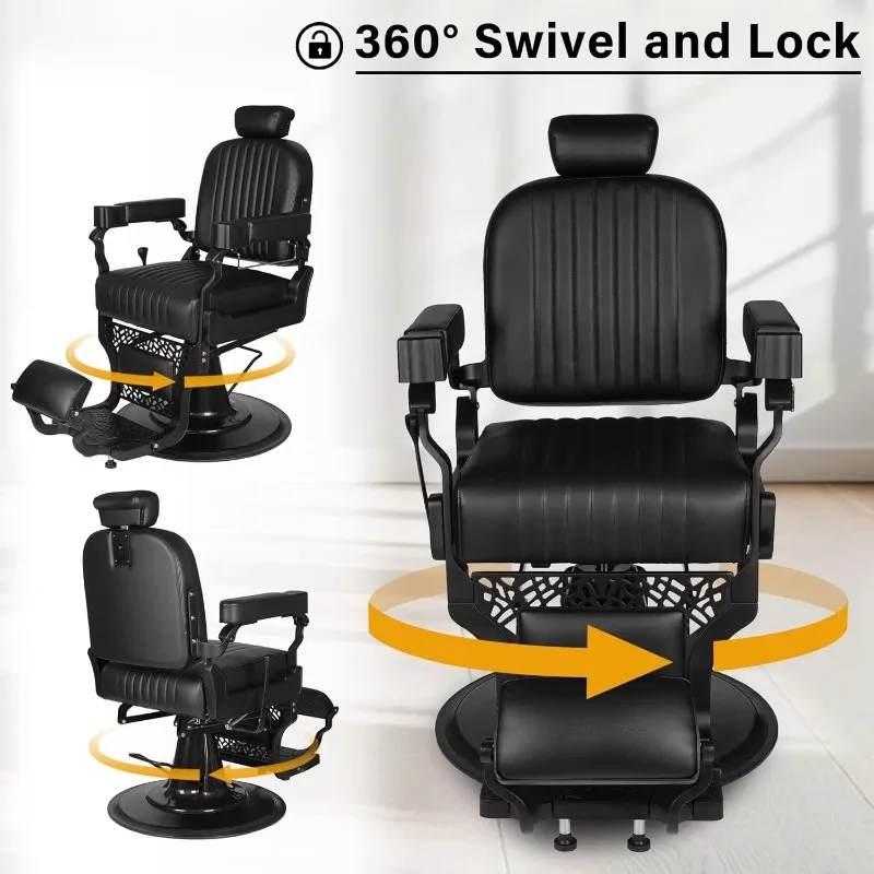 Luxury Gold Black Leather Barber Salon Styling Chair 360 Degree Swivel Reclining Height Adjustable Heavy Hydraulic Durable