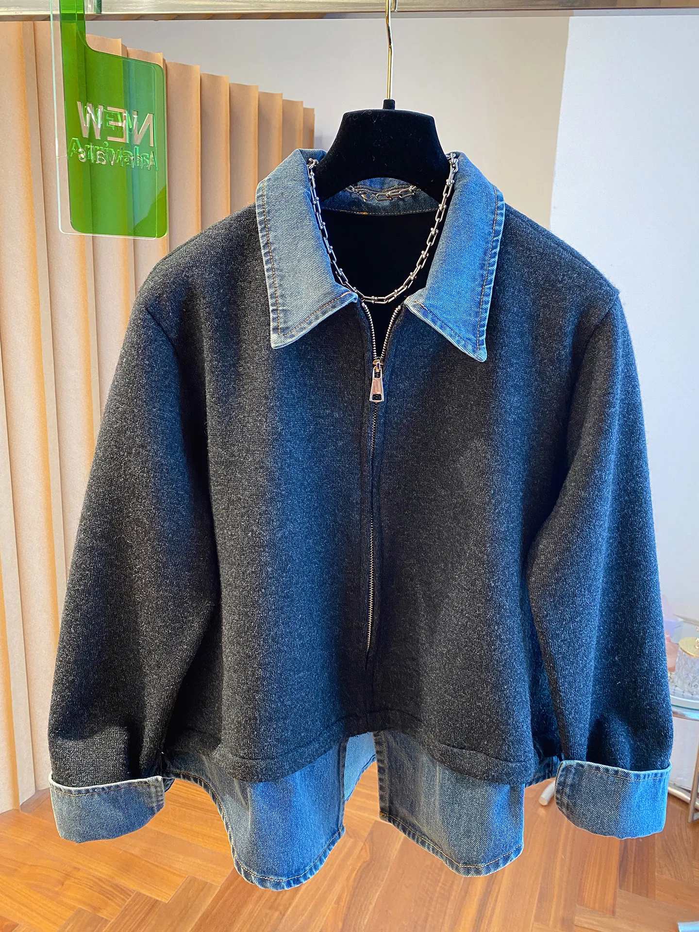 

Женская свободная рубашка большого размера из шерсти и денима с пэчворком, весенняя, уникальная, высокого качества, в корейском стиле, для повседневной носки