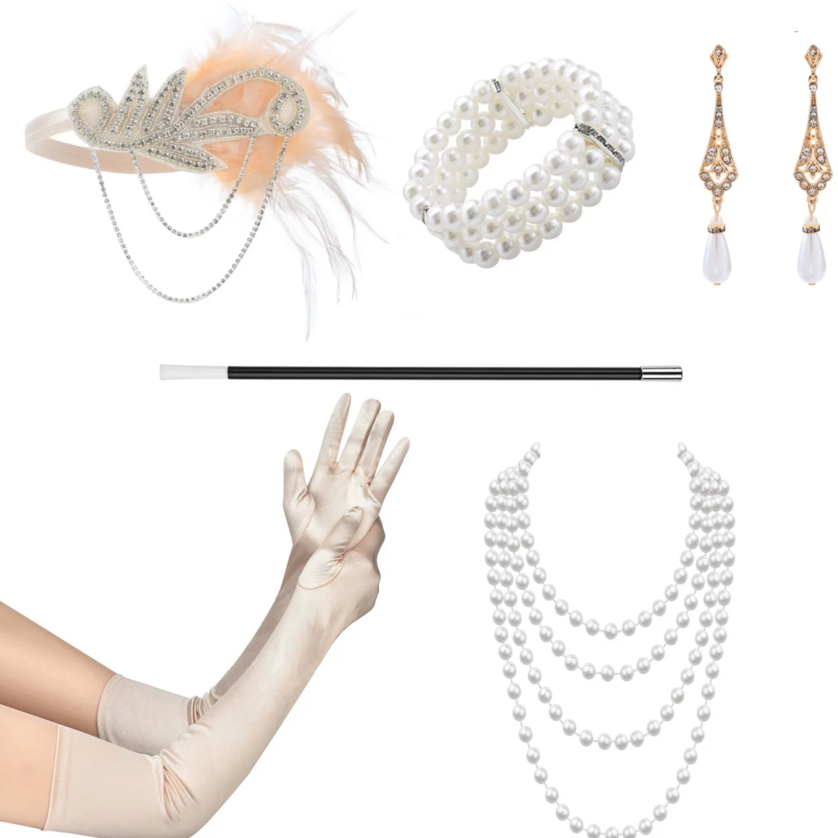 1920 Gatsby Makeup Ball Party Halloween Set Headband Gloves Smoke Rod Earrings Bracelet Necklace Combination