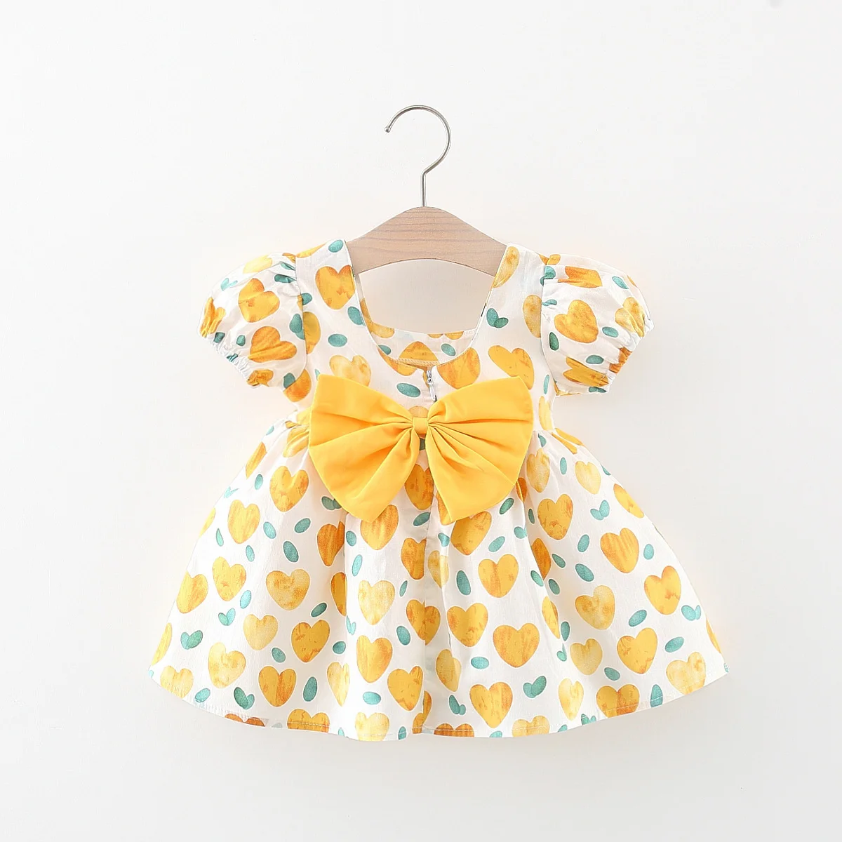 Baby Girl Summer Cotton Love Print Bow Small Square Neck Dress Girl Korean Fashion Bubble Sleeve Party Dress