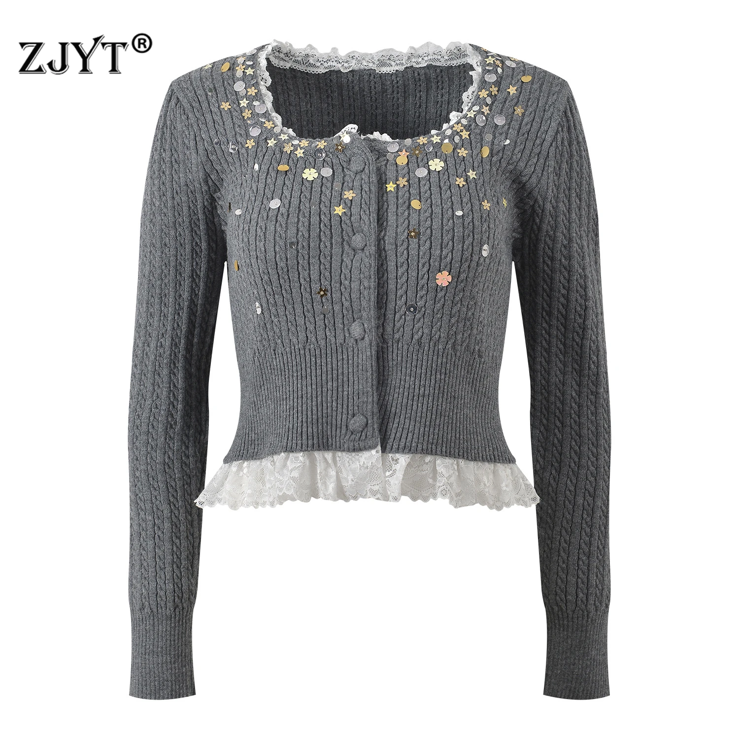 

ZJYT Spring Fashion Women Long Sleeve Sequined Knitted Cardigans Sweaters Lace Patchwork Short Knitwears Tops Jersey Mujer Grey