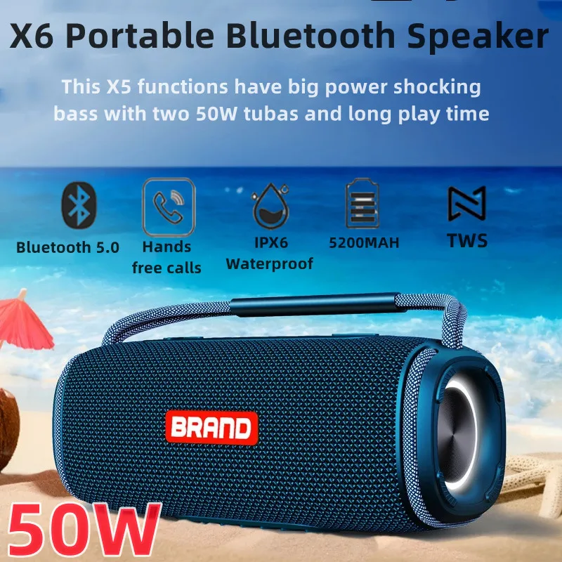 50W Powerful Bluetooth Speaker Wireless High-power Outdoor Portable IPX6 Waterproof TWS Interconnected TF Card Player Soundbar