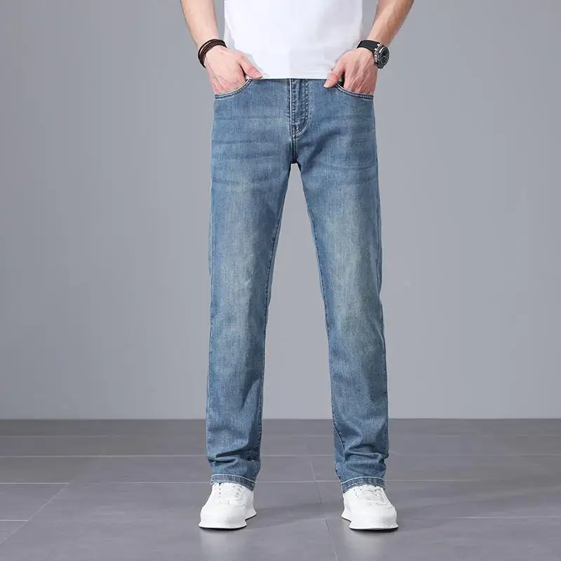 

Worn-look Blue Jeans Men's Faion Casual Slim Straight Denim Pants Spring Autumn Sle Wear-resistant Long Cotton Youth Trend