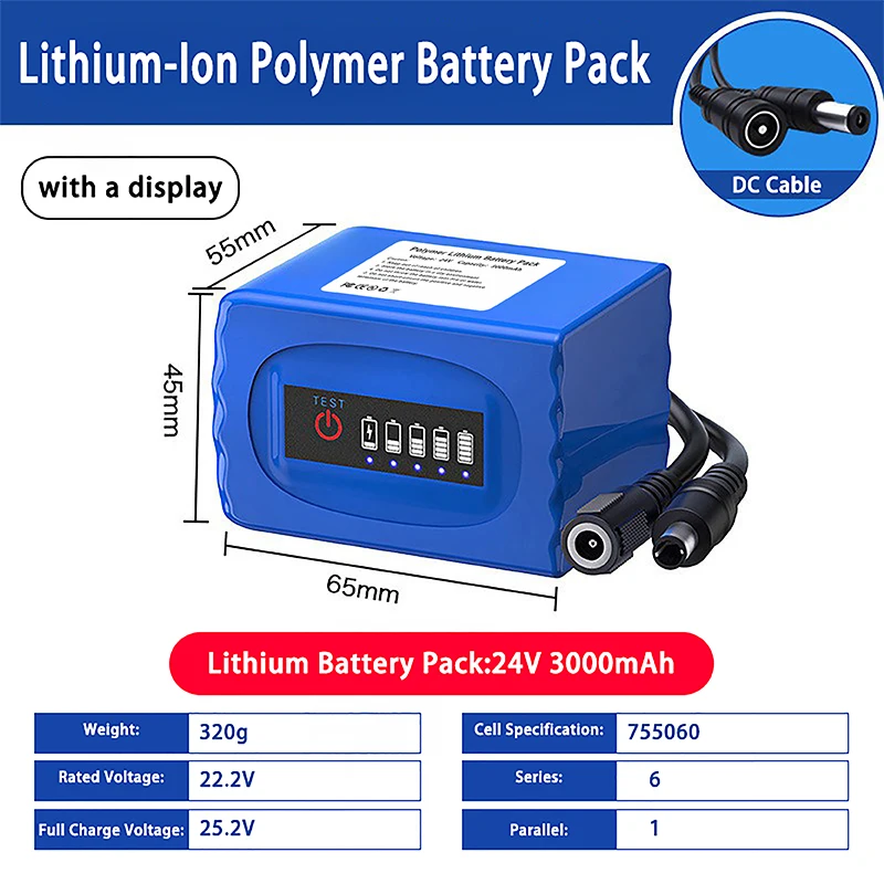 

24V 3000mAh Rechargeable LiPo Battery Pack with DC Cable 22.2V Rated 25.2V Full Charge for LED Lights & Tools