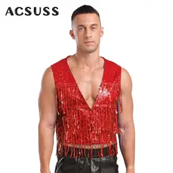 Men Shiny Sequins Club Dance Costume Vest Sleeveless Tassel Waistcoat Musical Festival Carnival Stage Performance Dancewear
