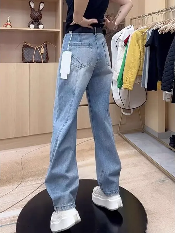 Lente 2025, afslankende, faionable jeans met wijde pijpen, hoge taille, rechte denimbroek, verbergt flatterend mes