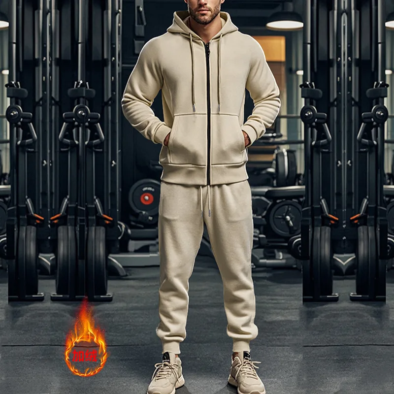 Autumn/Winter 2024 Weighty Casual Men\'s Suit Fleece Warm Tracksuit Hooded Zip-up Jacket And Trousers Two-piece Set